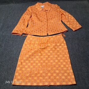 REAL CLOTHES Saks Fifth Avenue Skirt Suit Women Size 5 Orange Polka Dot Tweed